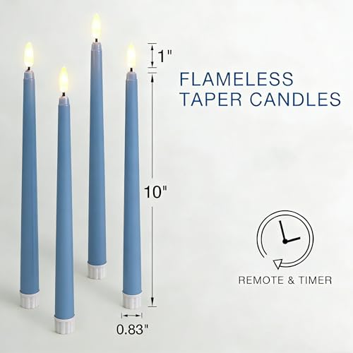 Image of Dusty Blue Flameless Taper Candles with Remote, Flickering Battery LED Candlesticks Home Decor Set of 4
