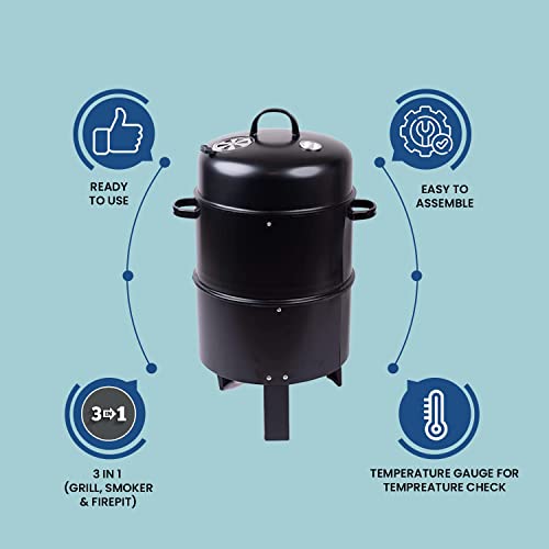 Image of 3-in-1 Barrel BBQ Charcoal Grill with Metal Skewers | Anti-Rust, Scratch & Deformation Resistant | Tandoor Grill for Home & Outdoor Parties (Black)