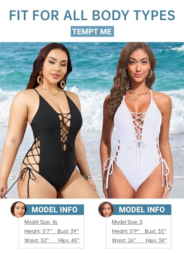 Image of Tempt Me Women Sexy Lace Up One Piece Swimsuit Deep Plunge V Neck High Cut Bathing Suits