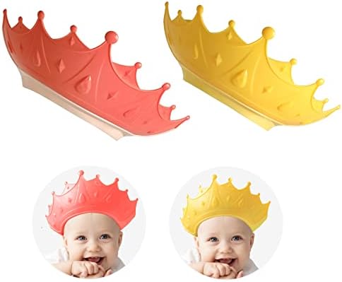 2PCS Crown Baby Shower Cap, Adjustable Baby Hair Washing Guard Bath Shield Visor Hat Eyes and Ears Head Protection Bath Shampoo Hat Waterproof Soft Silicone Shower Cap for Kids Toddler Red+Yellow
