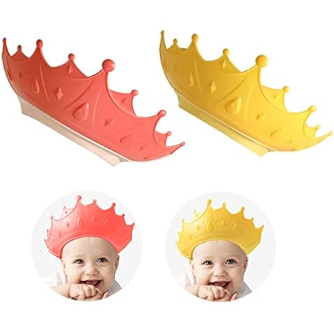2PCS Crown Baby Shower Cap, Adjustable Baby Hair Washing Guard Bath Shield Visor Hat Eyes and Ears Head Protection Bath Shampoo Hat Waterproof Soft Silicone Shower Cap for Kids Toddler Red+Yellow Cover