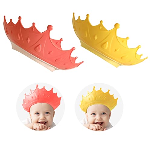 2Pcs Crown Baby Shower Cap, Adjustable Baby Hair Washing Guard Bath Shield Visor Hat Eyes And Ears Head Protection Bath Shampoo Hat Waterproof Soft Silicone Shower Cap For Kids Toddler Red+Yellow #TOP3