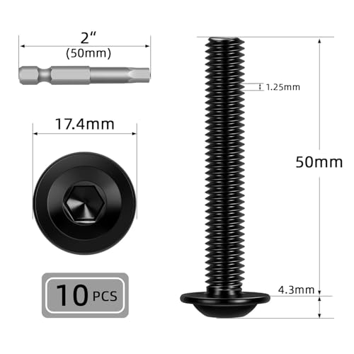 Image of M8-1.25 x 50mm 10 PCS Flanged Button Head Socket Cap Bolts Screws, Stainless Steel 304, Allen Socket Drive, Screwdriver Bit Included, Black Finish, Fully Machine Thread