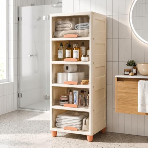 Image of HoopVool Foldable Storage Cabinet, Stackable Plastic Storage Box with Front Opening Door, Dustproof Organizer for Clothes, Toys, Books, Bathroom & Bedroom (5-Tier (33 X 38 X 132 CM))