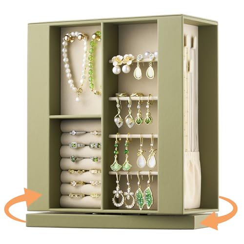pickpiff Jewelry Box Organizer for Women: 360 Rotating Vertical Storage Case Black Leather with Blush Velvet Ring Necklace Bracelet Holder Gift Decor 10 x 8.7 x 3.9 in