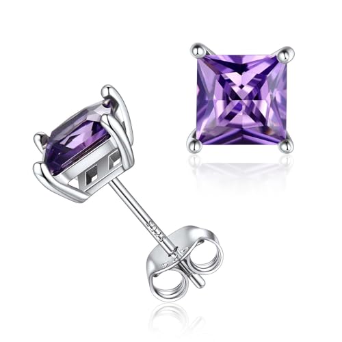 ChicSilver Princess Cut Purple Amethyst Gemstone Stud Earrings for Women 925 Sterling Silver Small Square February Birthstone Ear Studs Jewelry Hypoallergenic Christmas Earrings for Women