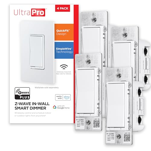 UltraPro 700 Series Z-Wave in-Wall Smart Rocker Light Dimmer with QuickFit & SimpleWire, 3-Way Ready, Works with Alexa, Google Assistant, Z-Wave Hub Required, Smart Home, Voice Control, 4 Pack, 59373