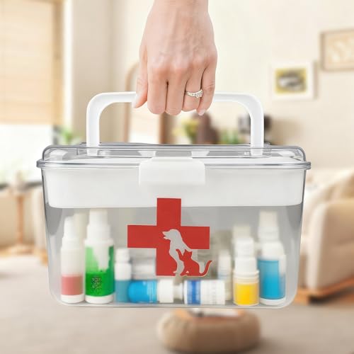 ZoeQide Erste Hilfe Box Hund Katze – 2-lagige Haustier Medikamentenbox mit Griff – Transparente Aufbewahrungsbox für Haustierapotheke & Reiseapotheke – Kunststoff Organizer für Hund & Katze