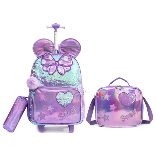 CUTBLAJAT Mochila de Rodinhas Infantil com Kit Bolsa Feminina, Lancheira e Estojo, Detalhes de Borboleta e Coração (Roxo)
