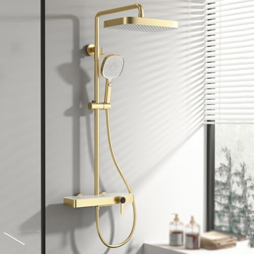 BiaoTeng Columna de Ducha Cuadrada con Grifo Cascada 3 Modos agua Fría y Caliente en Laton Set Columna Ducha Altura Ajustable Oro Cepillado
