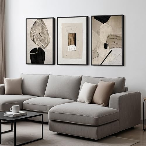 Framed Neutral Abstract Wall Art, Set of 3 Modern Canvas Prints Paintings Artwork for Walls, Minimalist Black and Beige Pictures for Living Room Hallway Stair Bedroom Office Wall Decor 16x24 Inch Framed Neutral Abstract Wall Art, Set of 3 Modern Canvas Prints Paintings Artwork for Walls, Minimalist Black and Beige Pictures for Living Room Hallway Stair Bedroom Office Wall Decor 16x24 Inch