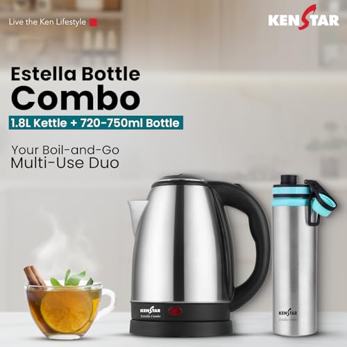 Image of Kenstar ESTELLA COMBO Electric Kettle 1.8L & Stainless Steel Bottle | Concealed Heater | Auto Cut-Off & LED Indicator | 1350 W | SS Finish