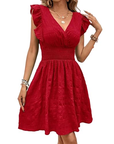 Juketron Vestidos Cortos Elegantes para Mujer, Vestido Informal Ajustado Rojo sin Mangas para Vacaciones y Playa, Vestidos Acampanados a la Moda con Cuello en V 2024