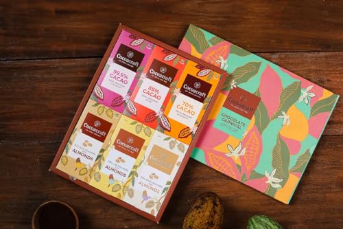 Image of Cocoacraft Chocolate Carnival 6 Premium Bars | White, Milk & Dark Chocolate with Roasted Almonds, Classic Dark 70%, 85% & 99.5% | Premium Gift Hamper for Christmas, Birthday, Wedding, Anniversary