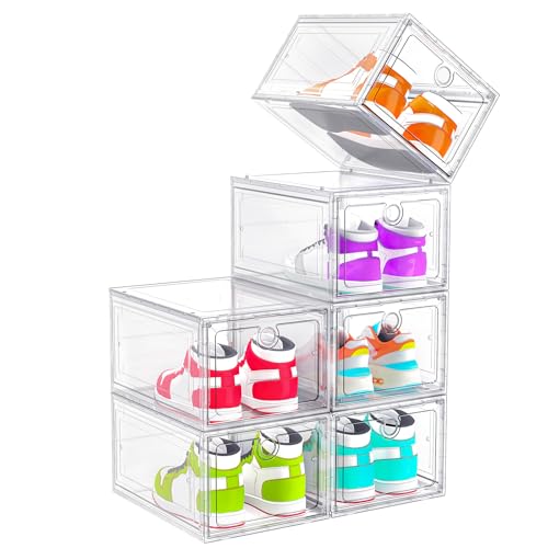 ARSTPEOE 6 Pack Upgrade Harder Shoe Organizer, Shoe Storage with Magnetic Front Door, Clear Shoe Boxes Foldable Space-Saving Shoe Rack for Sneaker Boot Container, White