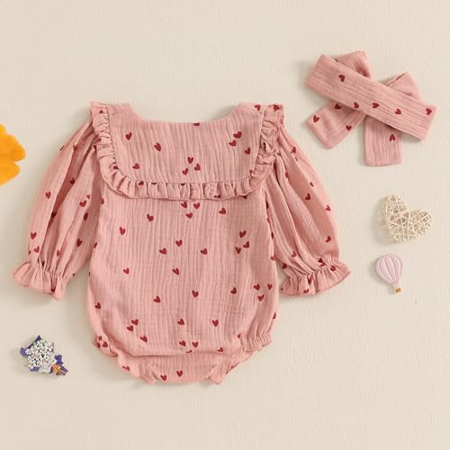 Lesimsam Newborn Baby Girl Valentines Outfit Heart Print Cotton Linen Long Sleeve Bubble Romper Peter Pan Collar Bodysuit4