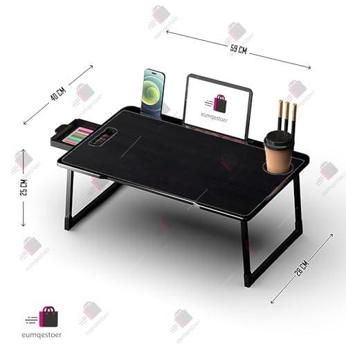 Image of Foldable Wooden Mini Laptop Table for Bed, Study Table with Drawer, Tablet /Mobile Holder for Kids & Adults (US-Black COTED)