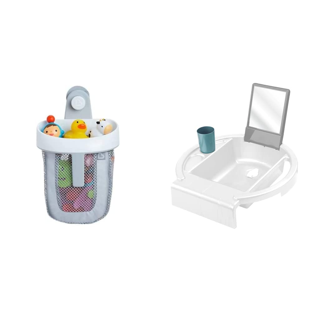 Munchkin Super Scoop Bath Toy Organiser, Grey,Medium (Pack of 1) & Rotho Babydesign Kinderwaschbecken Kiddy Wash, Zum Anbringen am Badewannenrand, 38,7 x 38,2 x 10 cm (1er Pack), Weiß, 20034 0314 01