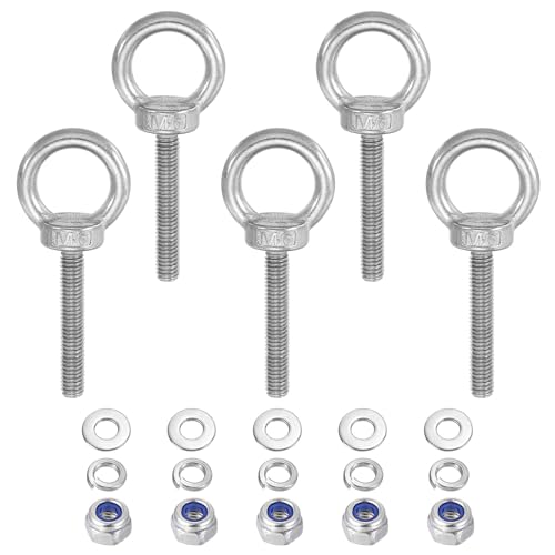 PATIKIL M6 x 40mm Lifting Shoulder Eye Bolt, 5Pcs 304 Stainless Steel Lifting Ring Threaded Eyebolt with Nuts Washers for Hanging Hammocks Articles