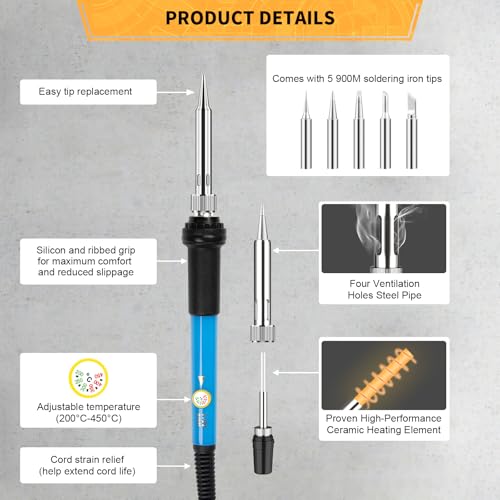 ANBES Soldering Iron Kit Electronics, 60W Adjustable Temperature Welding Tool, 5pcs Soldering Tips, Desoldering Pump, Soldering Iron Stand, Tweezers