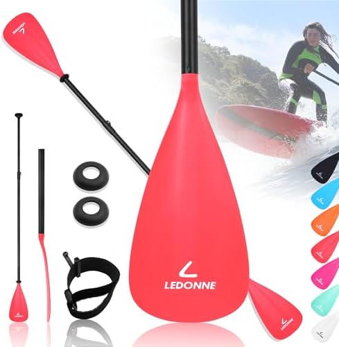 LEDONNE SUP Paddle 4-Piece Adjustable Stand Up Paddle Floating Lightweight Portable Kayak Paddleboard Oar with Aluminum Alloy Shaft, 2 Nylon Blades, Hook&Loop, Drip Ring, Red