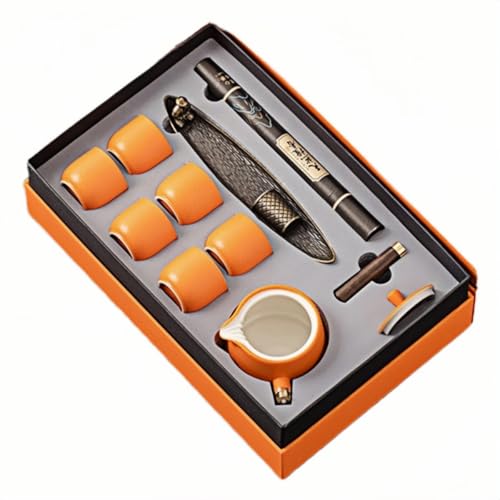 HUMOCHUSON Coffret Cadeau Combiné De Thé Et D'Encens En Céramique De Style Ancien Chinois, Bateau Solitaire - Coffret Cadeau Orange + Service À Thé Orange
