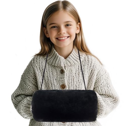 SwirlColor Handmuff Kunstpelz Muff für Warme Hände mit Tasche Riemen Schwarz Muff Handwärmer Kinder