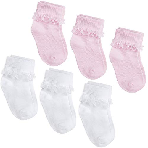 Calcetas Tick Tock Cottonique con lindos encajes y organza para llevar a la escuela, para niñas blanco 6 Pairs White