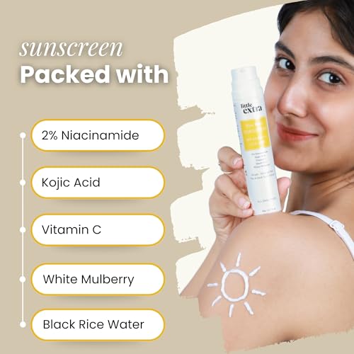 little extra Rice Berry Sunscreen, Spf 50 Pa++++, Uva/B, Fast Absorbing, With Niacinamide, Kojic Acid, Vitamin C, Black Rice Water For Bright, Glowing Skin, No White Cast, Light Weight, 50G, All