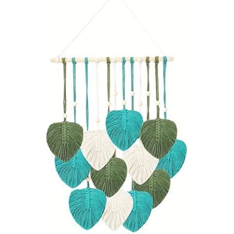 IcosaMro Bohemian Macrame Wall Hanging Green Leaves, Chic Boho Large Feather Tapestry Wall Decor, Handmade Woven Yarn Home Aesthetic Art Deco,17" X 23" (Beige, Green & Peacock Green) Cover