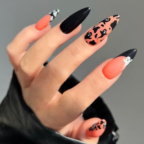 24 Pcs Halloween Press on Nails Medium Almond - MINGCHUN Halloween Cute Fake Nails Press ons Nail Art Tips with Ghost Design Full Cover Acrylic False Nails on Nail on Nails for Women Girls