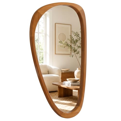Image of Solid Wood 48 inchx24 inch Warm Walnut Large Organic Irregular Wall Mirror | Large organic look creates soft Japandi style for bedrooms, studios, entryways, living rooms, dressers, statement decor