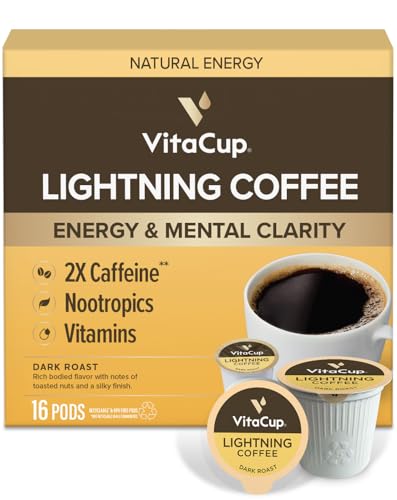 VitaCup Lightning Coffee Pods, for Memory & Focus w/ 2X Caffeine, Green Coffee Bean, B Vitamins, D3, Strong Dark Roast, Recyclable Single Serve Pod Compatible with Keurig K-Cup Brewers, 16 Ct