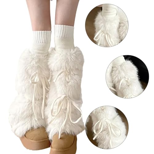 Women Plush White Leg Warmers Japanese Sweet Ribbon Bowknot Winter Warm Furry Boot Leg Sleeve Socks2