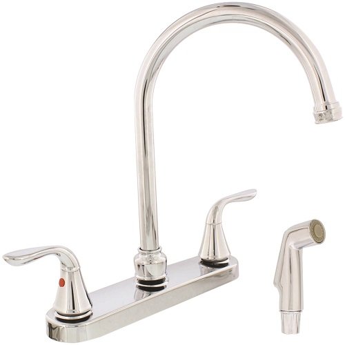 Aqua Plumb 1558030 CUPC AB1953 8-Inch Two-Handle Polished Chrome Gooseneck Spout Kitchen Faucet with Matching Spray