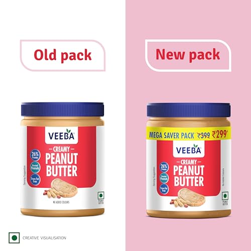 Image of Veeba Creamy Peanut Butter| High Protein | Naturally Gluten Free | Vegan | Trans Fat Free | No Added Preservatives | No Added Colour & Flavour | Non GMO | 900g (Pack of 2)