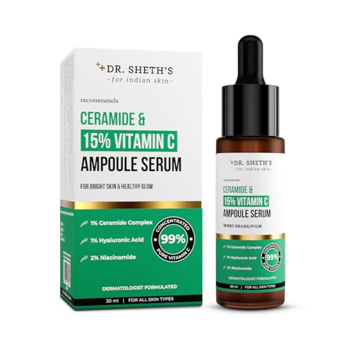 Dr. Sheth's Non-Irritating Ceramide & 15% Vitamin C Ampoule Serum| Reduces Dullness & Dark Spots| Brightens & Repairs Skin Barrier |For Advance Users| 99% Pure Grade Vitamin C |All Skin Types |30 ml