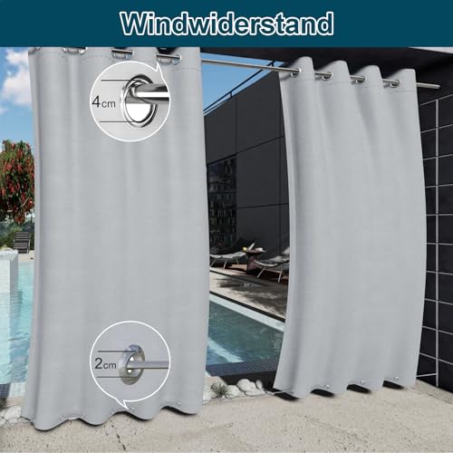 Clothink Outdoor Vorhang Wetterfest Mit Ösen Oben und Unten, Outdoorvorhänge Wasserdicht Outdoor Gardinen Windschutz Sonnenschutz für Balkon Pergola Terrasse (255x215cm, 1 Stück, Grau-Weiß)