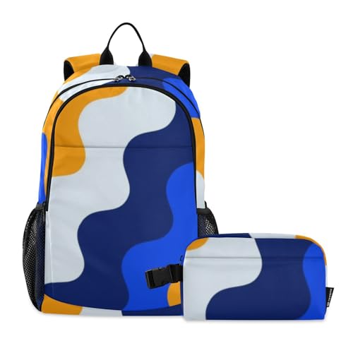 Sac à dos d'école garçons avec boîte déjeuner bleu-orange 7-10 ans