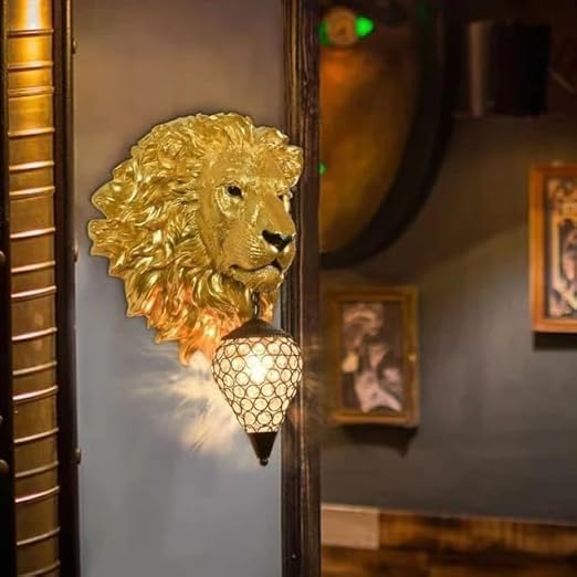 Golden Crystal Lion Head Wall Lamp with Large Lion Animal-Themed Head Wall...