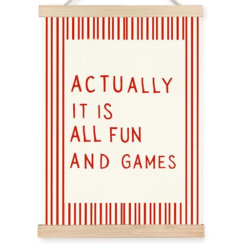 FDHSPAAM It is All Fun and Games Funny Wall Art Decor, Trendy Retro Red Striped Typography Canvas Prints Posters Hanging Wall Decor for Girls Dorm Apartment Living Room, 12x16 Inch