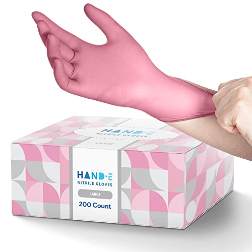 Hand-E Touch Disposable Pink Nitrile Gloves Large, 200 Pack -Powder and Latex Free Gloves
