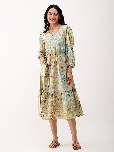 Image of AASK Abstract Printed Puff Sleeve Gathered Detailed Fit Flare Dress