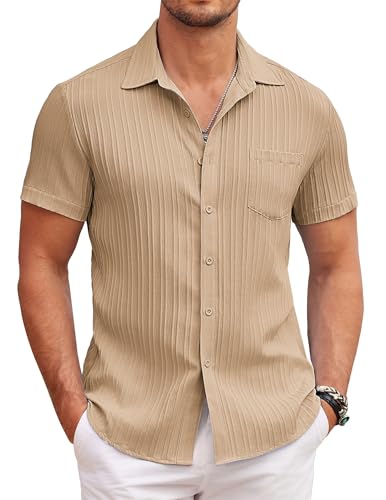 Image of COOFANDY Men's Casual Shirt Summer Button Down Short Sleeved Textured Shirts Regular Fit Solid Color Top with Pocket Khaki XXL