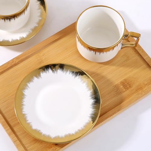 Ceramiczny zestaw filiżanek do kawy, 6-częściowy kubek do układania w stos ze spodkami do espresso lub herbaty, elegancki wystrój kuchni domowej, 250 ml ze złotą krawędzią