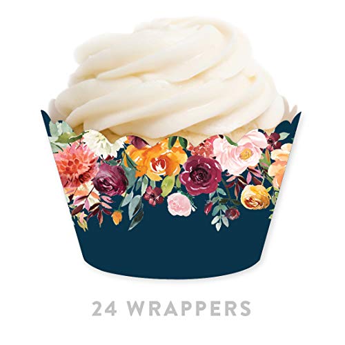 Andaz Press Party Cupcake Wrapper Decorations, Burgundy And Peach Floral Border On Navy Blue, 24-Pack, For Girls 1St Birthday Baby Bridal Shower Tea Party Themed Decorations #TOP4