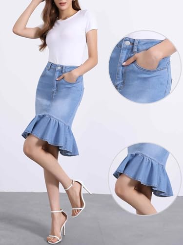 Allegra K Denim Skirt for Women's Bodycon Fishtails Ruffled Knee Length Jean Skirt2