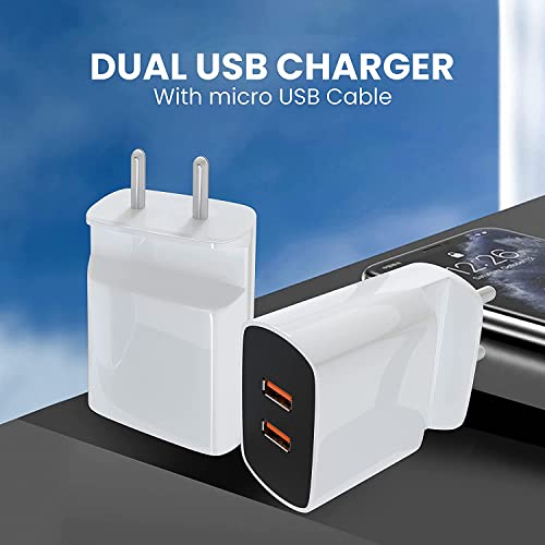 Image of Dual Port Charger for Itel A60S Charger Original Adapter Like Wall Charger | Android Mobile Fast USB Charger with 1 Meter Micro USB Charging Data Cable (3.4 Amp, S2, White)