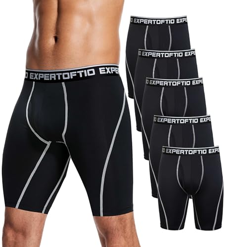 Expertoftio Mens Underwear 9 Inch Extra Long Leg Boxer Briefs for Men Pack Athletic Sport Perfermance Quick Dry Fit Moisture Wicking Anti Chafing Open Fly Light Compression All Black M