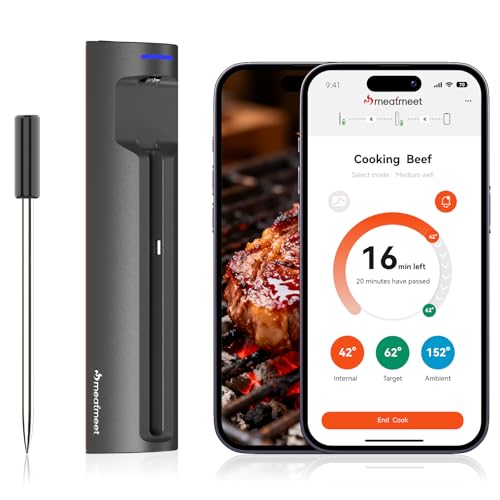 Meatmeet Pro WiFi & Bluetooth Wireless Meat Thermometer Smart APP Monitoring with Timer and Alarm Unlimited Range IP67 Waterproof Meat Thermometer Probe for BBQ Grill Oven Air Fryers Kitchen